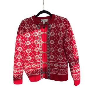 Vintage Italian Merino Wool Red Fair Isle Nordic Cardigan Sweater Small Scandi